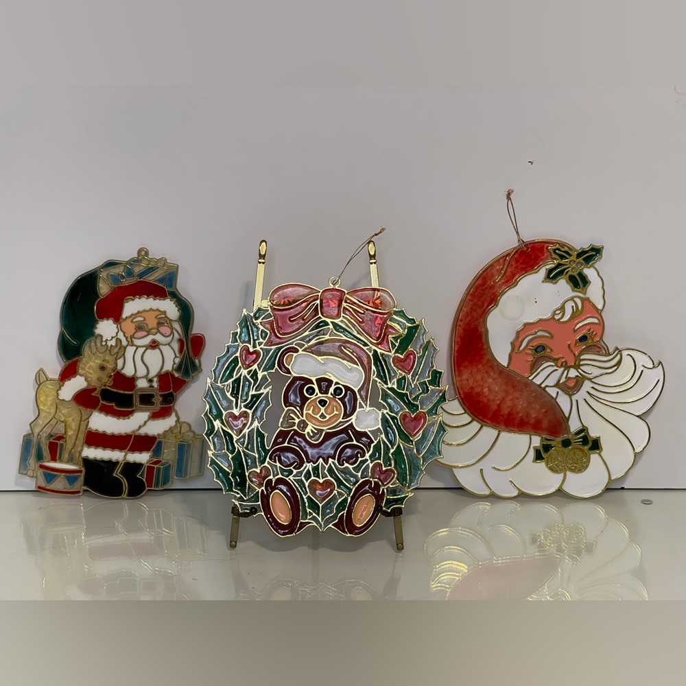 Vintage Plastic Christmas Stained Glass Suncatcher Giftco Set Of 3 with 8” Tall